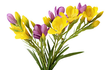 Close-up of yellow freesia with violet accents and green stems, isolated on a pristine white background