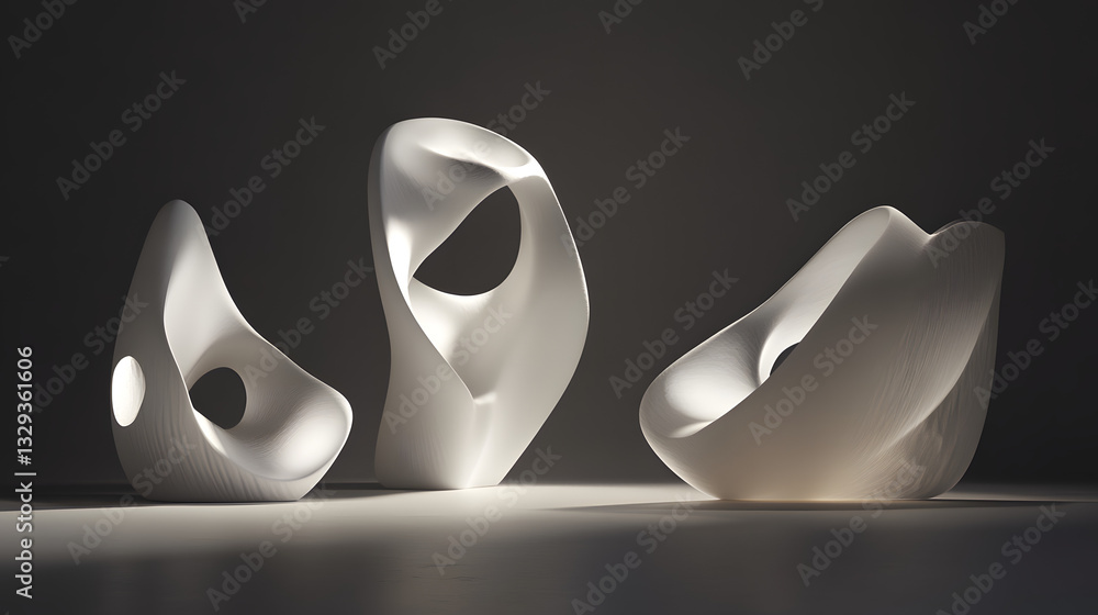 Poster three distinctive white sculptures displayed on a black background showcasing artistic design and cr