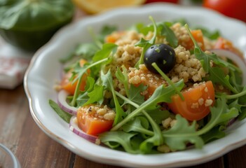  Quinoa salad with tomatoes olives and greens on a plate for a healthy meal