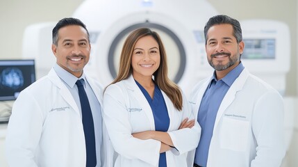 Fototapeta premium Three healthcare professionals in white lab coats smile confidently in a clinical setting, with medical equipment visible in the background.