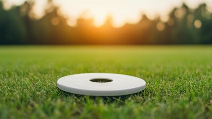 A vibrant sunset casts a warm glow over a lush grassy field where a flying disc rests peacefully evoking a sense of leisure and simple pleasure