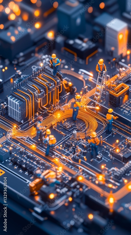 Poster a close-up view of a circuit board with glowing components and miniature figures, illustrating techn