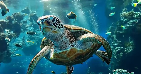 Sea turtle swimming in aquarium with fish and coral reef. Possible use Stock photo for nature or marine life