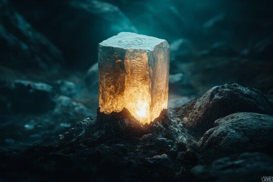A haunting magnified view of an ancient artifact, with cryptic engravings glowing faintly under a dim, moody light