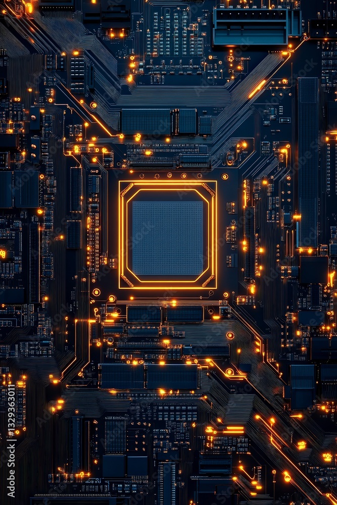 Poster a close-up view of a circuit board featuring glowing elements and a central processor, embodying mod