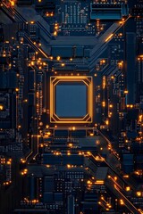 A close-up view of a circuit board featuring glowing elements and a central processor, embodying modern technology and digital innovation.