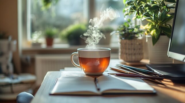 A steaming cup of tea sits atop a wooden desk indoors - Powered by Adobe