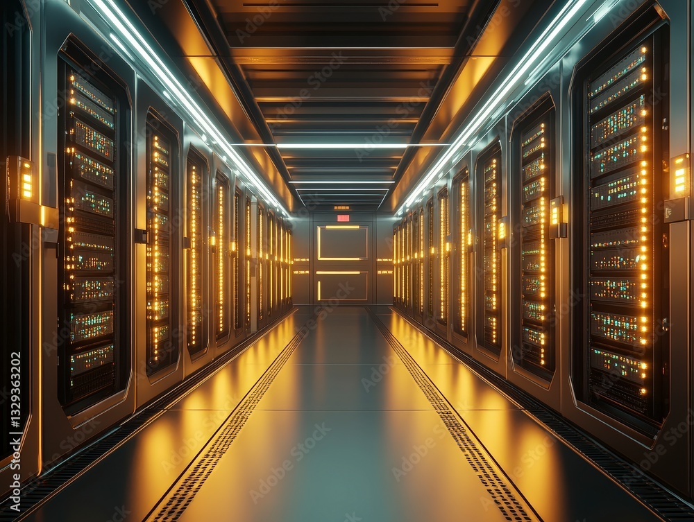 Poster futuristic server room with illuminated rows of servers and sleek metallic design, emphasizing techn