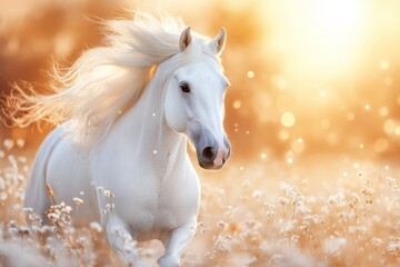 Obraz premium A horse galloping through an open field under a sunset, with its mane glowing in the warm light of the sky