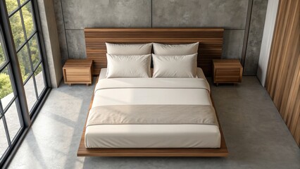 Book hotel and plan travel. Modern bedroom with wooden furniture and a large window, showcasing minimalist design.