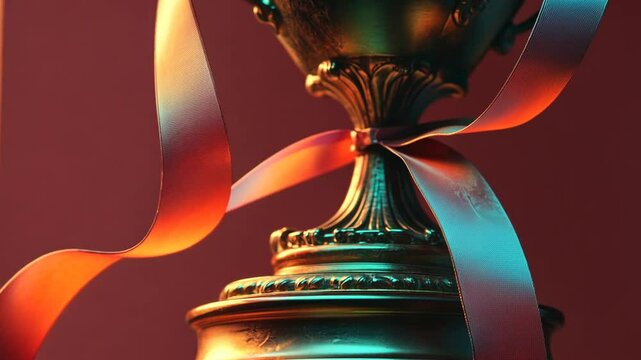 Close-Up of a Shining Trophy with a Ribbon on a Dark Red Background, Symbol of Victory