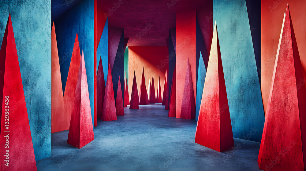 Poster long corridor featuring red and blue columns with angular arrangements creating a dramatic visual im