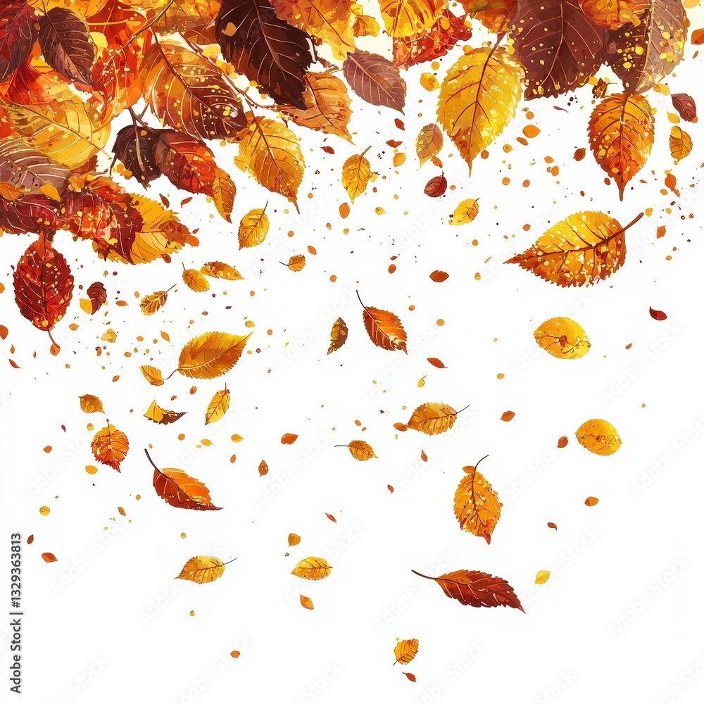 Poster scenic view of leaves gently falling from a tree branch against a softly lit autumn sky background