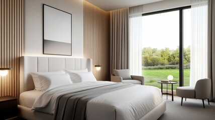 Book hotel and plan travel. Modern hotel bedroom with large window and elegant furnishings, featuring a cozy atmosphere.