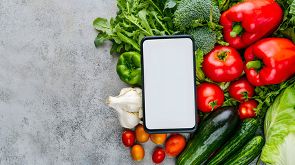 Smartphone with a blank screen next to fresh vegetables, symbolizing healthy living, food tracking apps, and modern lifestyle.
