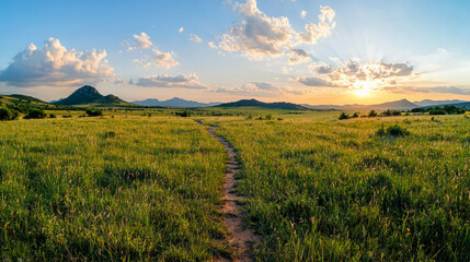 Beautiful sunset over rolling hills and grassy fields in a serene landscape