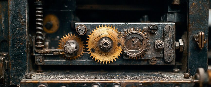 Close-up of antique clockwork mechanism gears.