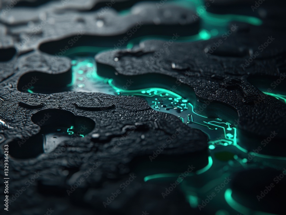 Poster a close-up view of textured dark materials with glowing circuits, highlighting a blend of technology