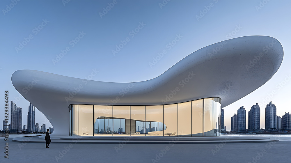Poster a stunning building showcasing angular dynamics of a city skyline at dusk with beautiful lighting an