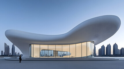 Obraz premium A stunning building showcasing angular dynamics of a city skyline at dusk with beautiful lighting and artistic architectural elements.