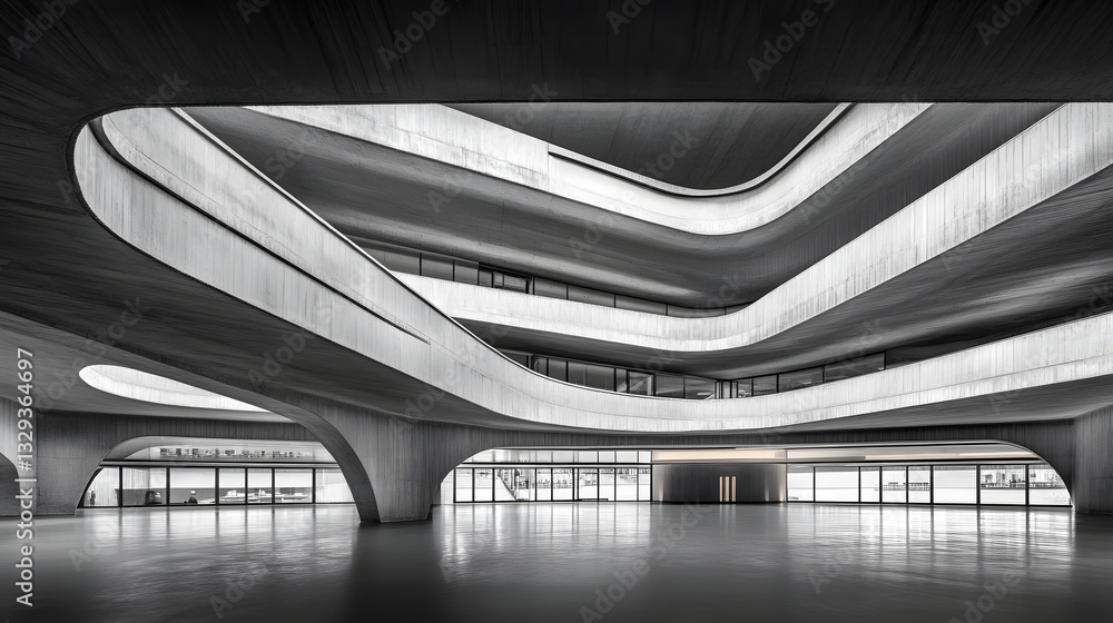 Poster a unique building featuring a large curved ceiling captured in striking black and white to showcase 