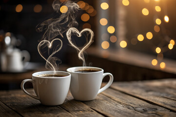 Two steaming cups of coffee with heart-shaped steam rising, romantic cozy atmosphere, warm bokeh lights in the background, perfect for Mother&rsquo;s Day morning or Valentine&rsquo;s Day celebration