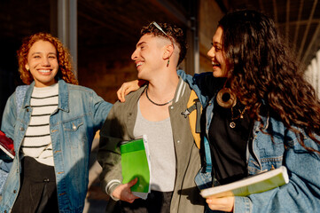 Multiracial group of cheerful students walking together on campus, holding notebooks and enjoying their time at university