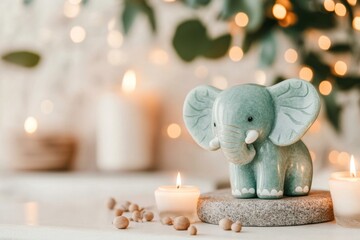 A jade elephant figurine, known for its symbolism of good luck, placed on a mantle surrounded by small candles