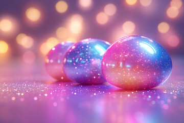 Vibrant neon Easter eggs with sparkling paint and colorful bokeh background, festive holiday decoration, generative AI