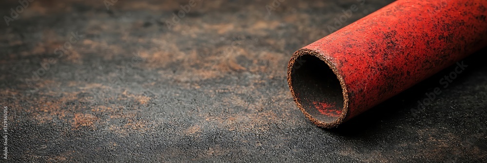 Poster a close-up of a red cylindrical object resting on a textured surface, showcasing rich colors and int