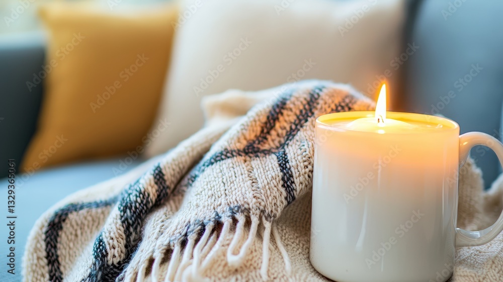 Aufkleber a simple candle placed beside a soft blanket creating a serene atmosphere for relaxation and calm