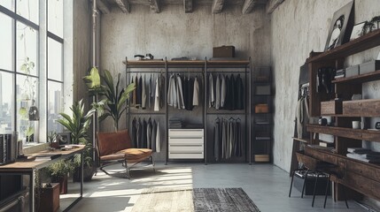 Urban loft with an open-concept wardrobe system featuring matte black iron bars and concrete walls