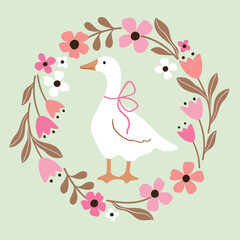Cute goose in floral wreath. Hand drawn vector goose with tiny flowers. Perfect for tee shirt logo, greeting card, poster, invitation or print design. EPS10 vector file.