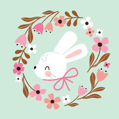 Cute Easter rabbit in floral wreath. Hand drawn vector bunny illustration. Perfect for tee shirt logo, greeting card, poster, invitation or print design. EPS10 vector file.