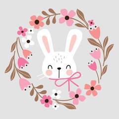 Cute Easter rabbit in floral wreath. Hand drawn vector bunny illustration. Perfect for tee shirt logo, greeting card, poster, invitation or print design. EPS10 vector file.