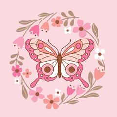 Boho butterfly in floral wreath. Hand drawn vector butterfly with tiny flowers. Perfect for tee shirt logo, greeting card, poster, invitation or print design. EPS10 vector file.
