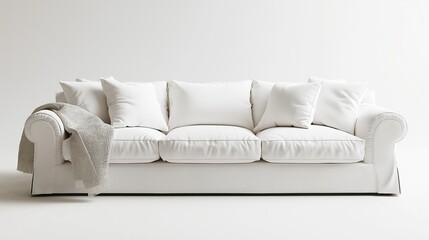 
Sofá blanco individual con almohadas y manta contra una pared en blanco con espacio de copia.