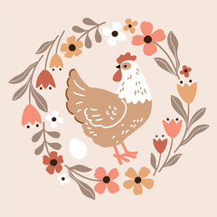 Cute hen in floral wreath. Hand drawn vector chicken illustration. Perfect for tee shirt logo, greeting card, poster, invitation or print design. EPS10 vector file.