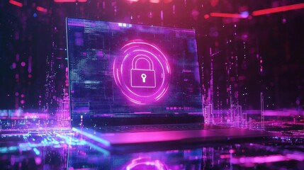 Cybersecurity technology concept with a glowing lock icon on a laptop screen, showcasing digital protection in neon colors against a futuristic backdrop