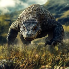 Obraz premium Giant Komodo Dragon Lumbering Through the Grass of a Remote Island