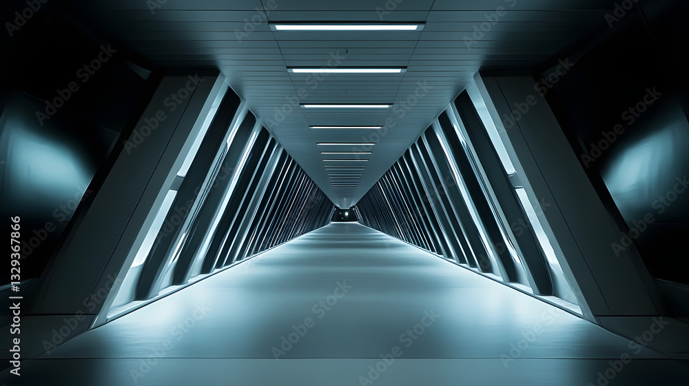 Poster captivating perspective of a long hallway illuminated by soft lights creating a sense of depth and a