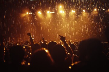 A vibrant crowd revels under a shower of rain and golden stage lights, capturing the electrifying energy and collective euphoria of a live outdoor concert.
