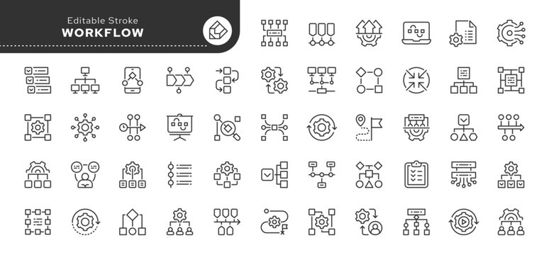 Workflow line icon set. Process, activity, organization, productivity, sequence, scheme, gear, block, template and more. Outline vector icon in linear style. Pictogram collection