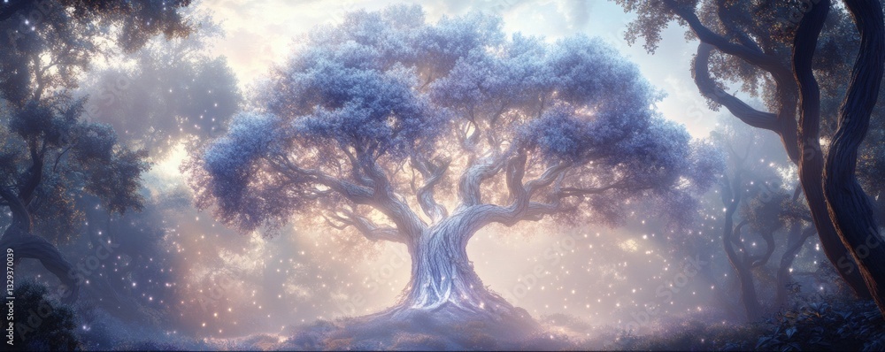 Poster a beautiful illuminated tree in a fantasy forest setting
