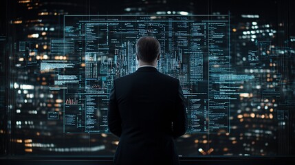Fototapeta premium A businessman in a high-rise office, analyzing financial data and drawing a success trajectory, futuristic interface with glowing charts, technology-driven economy, digital era finance,