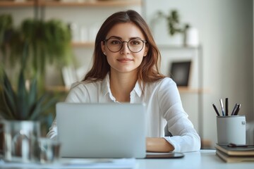 Female HR professional conducting an online meeting in a bright workspace