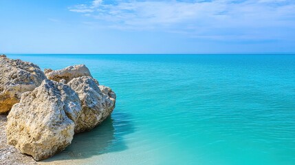 Obraz premium Turquoise sea meets rocky shoreline under a bright sky