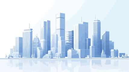 A digital illustration depicting a stylized cityscape skyline. The image features numerous skyscrapers rendered in shades of light blue against a bright white background. The buildings are