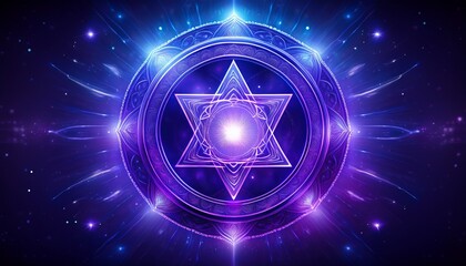A glowing violet crown chakra symbol radiates with swirling luminous energy, encircled by a soft halo against a deep indigo background, evoking spiritual clarity and higher consciousness.
