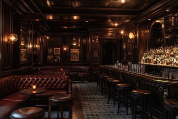 Explore Luxurious Bar Interior: Dark Wood, Leather Seating, and Vintage Decor. Classic Cocktail Bar Design.